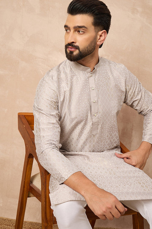 Grey Silk Geometric Printed Straight Kurta HOPMKU1272