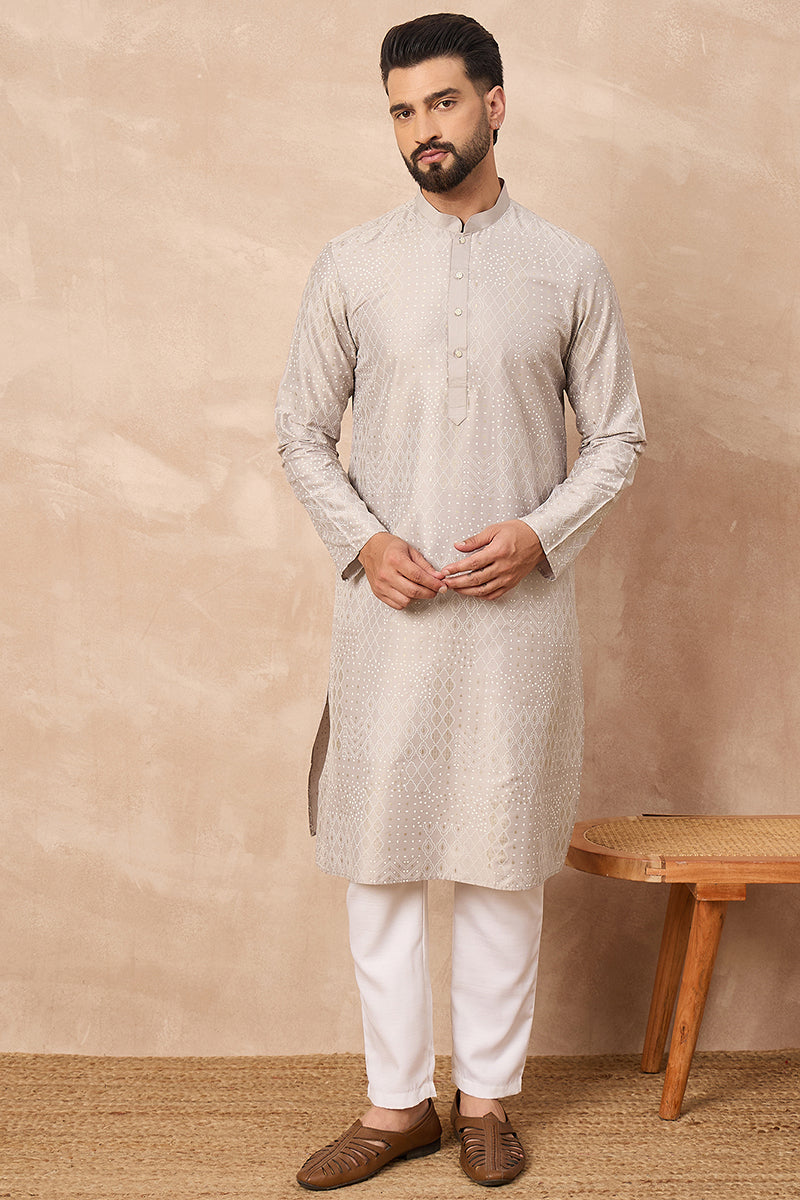 Grey Silk Geometric Printed Straight Kurta HOPMKU1272