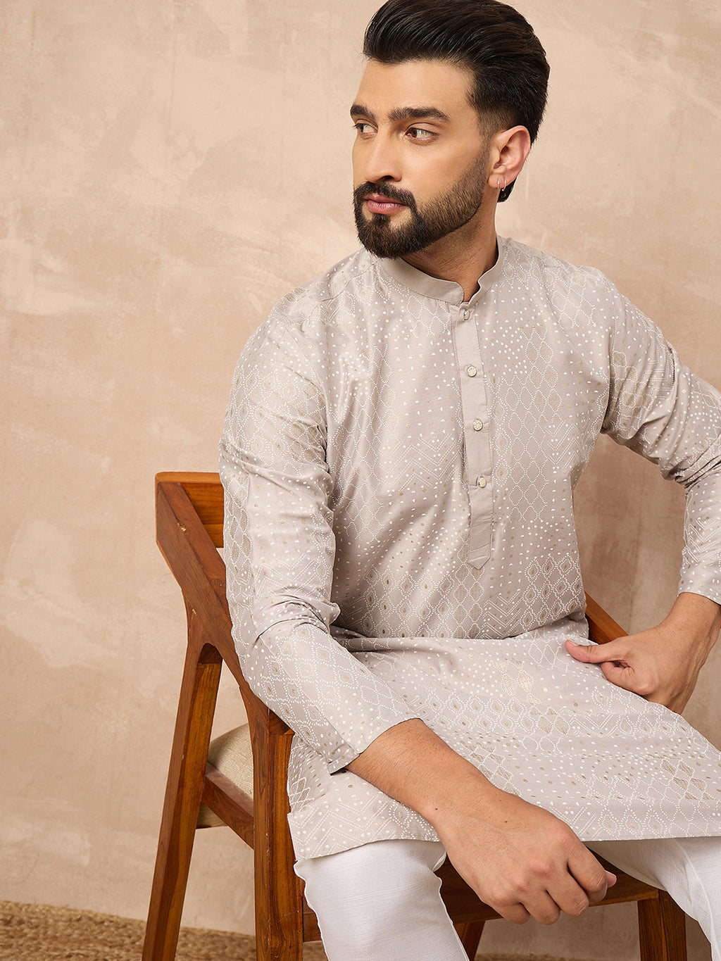 Men Grey Silk Geometric Printed Straight Kurta-MKU1272