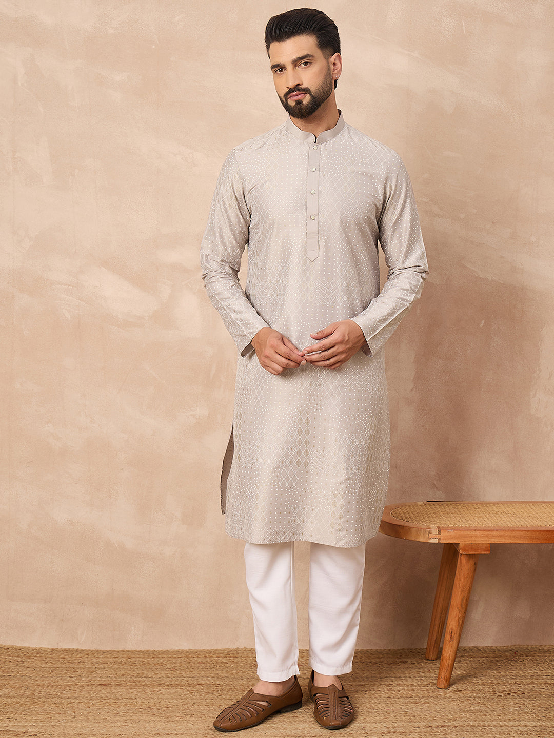 Men Grey Silk Geometric Printed Straight Kurta-MKU1272