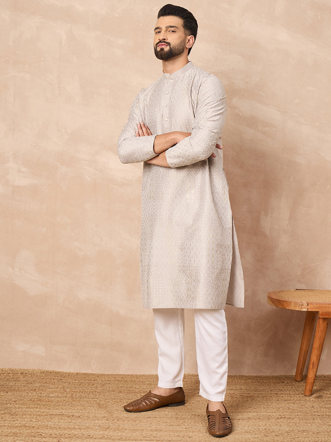 Men Grey Silk Geometric Printed Straight Kurta-MKU1272
