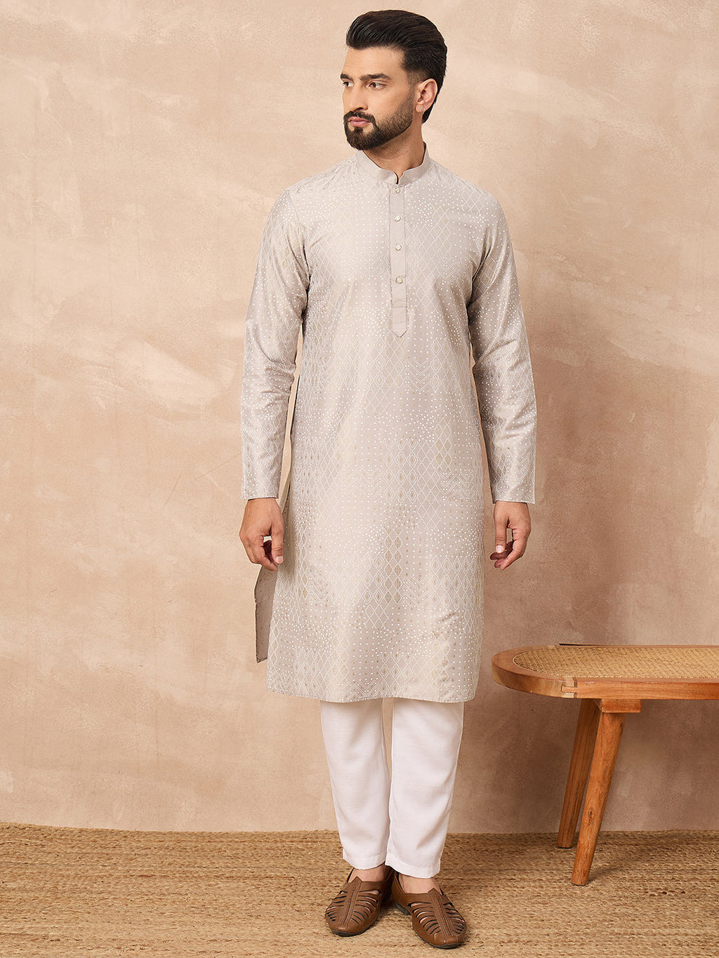 Men Grey Silk Geometric Printed Straight Kurta-MKU1272