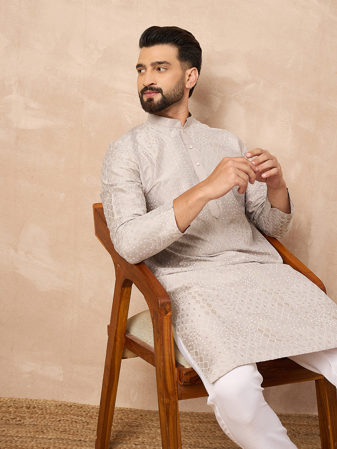 Men Grey Silk Geometric Printed Straight Kurta-MKU1272