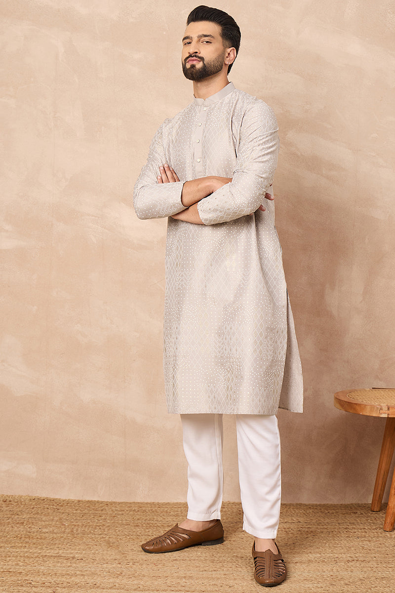 Grey Silk Geometric Printed Straight Kurta HOPMKU1272