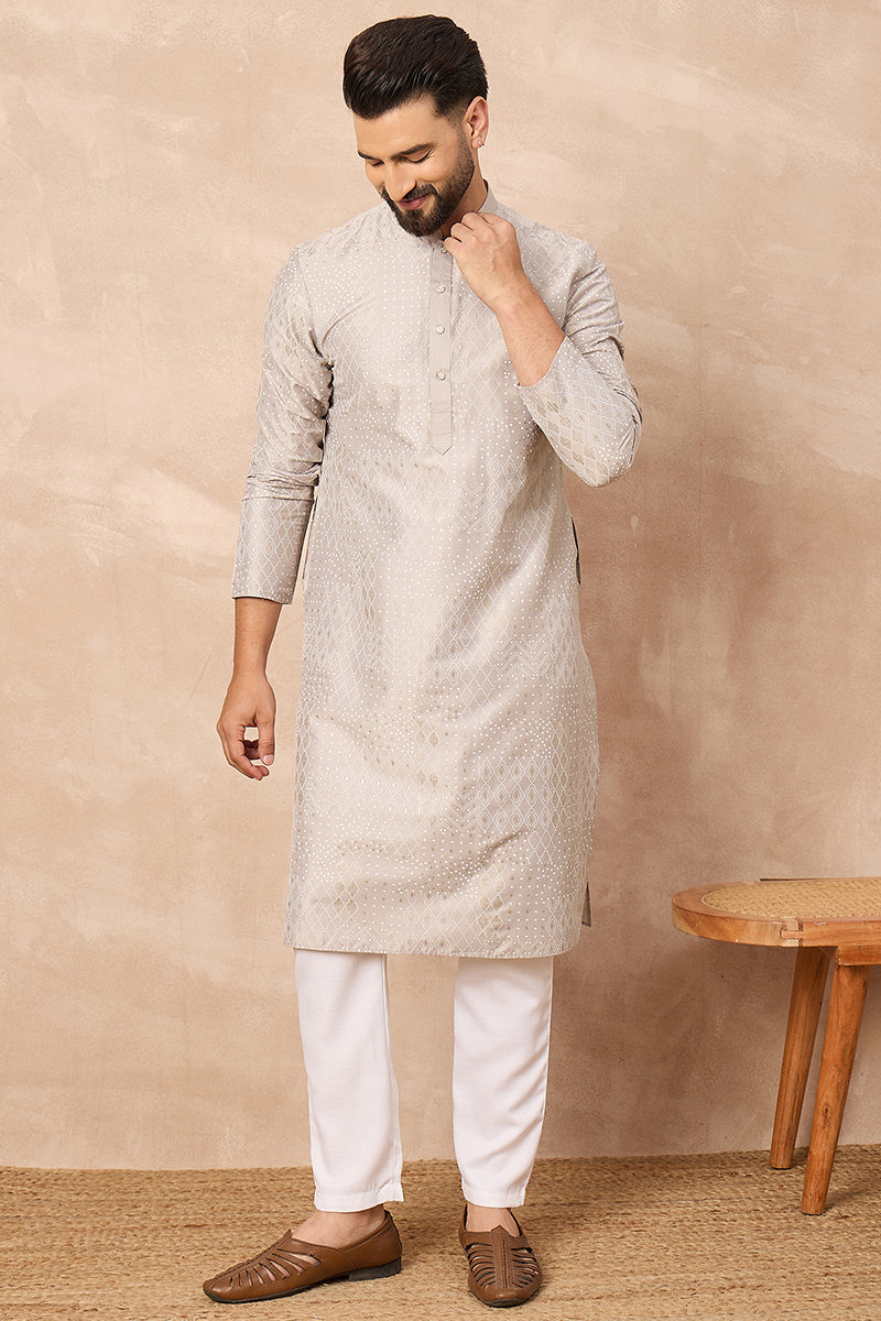 Grey Silk Geometric Printed Straight Kurta HOPMKU1272