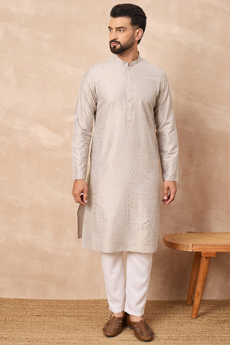 Grey Silk Geometric Printed Straight Kurta HOPMKU1272