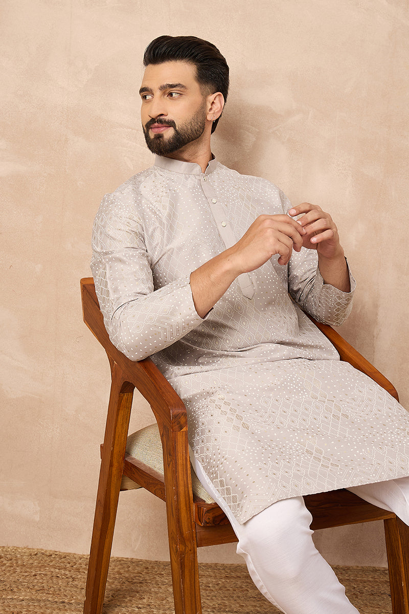 Grey Silk Geometric Printed Straight Kurta HOPMKU1272