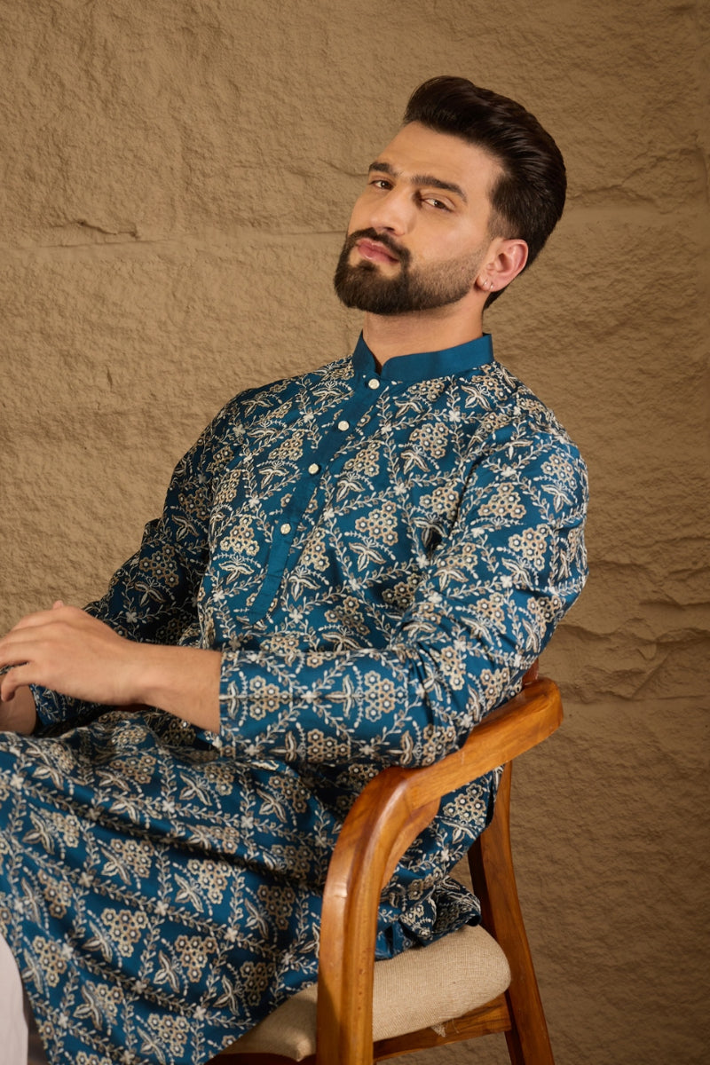 Blue Silk Floral Indian Wear for Men HOPMKU1273 | DesiQlo
