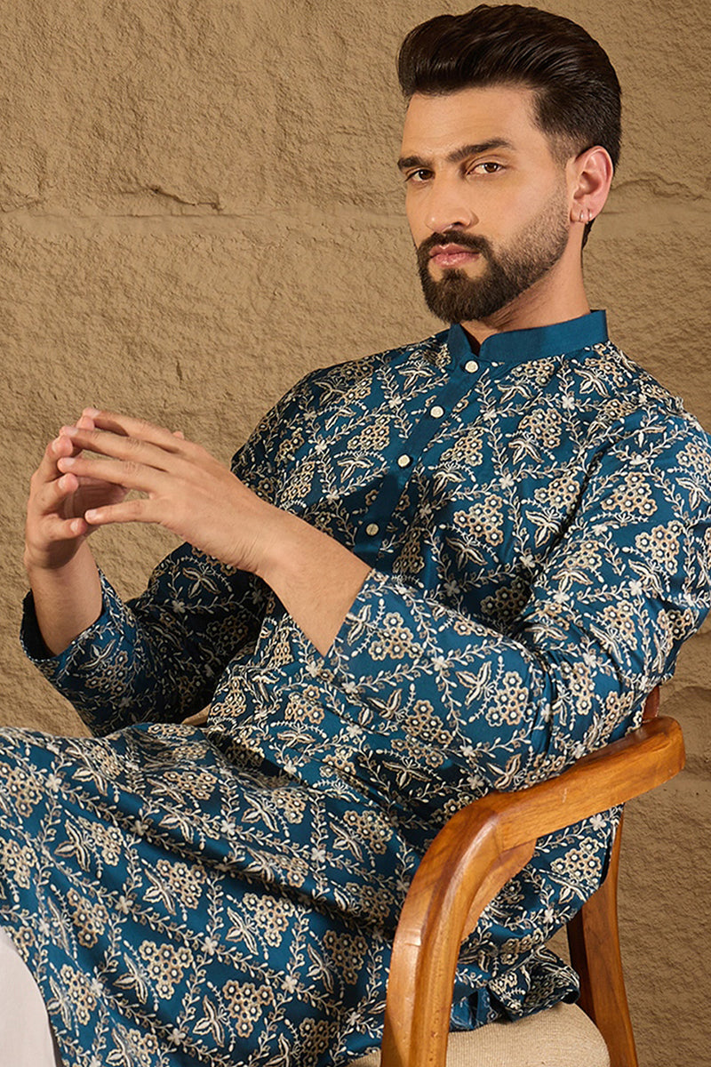 Blue Silk Printed Straight Kurta MKU1273