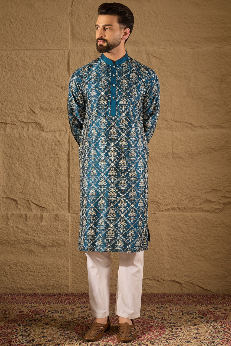 Blue Silk Floral Printed Straight Kurta HOPMKU1273