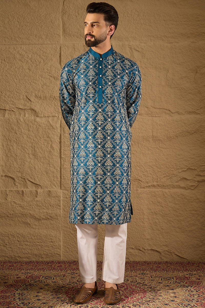 Blue Silk Printed Straight Kurta MKU1273