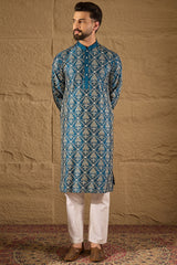 Blue Silk Printed Straight Kurta MKU1273