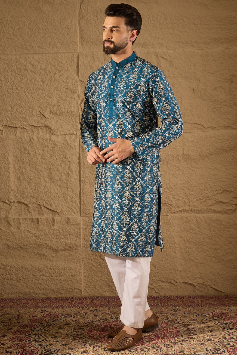 Blue Silk Floral Printed Straight Kurta HOPMKU1273