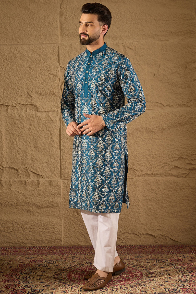 Blue Silk Printed Straight Kurta MKU1273