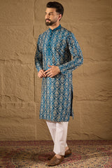 Blue Silk Printed Straight Kurta MKU1273