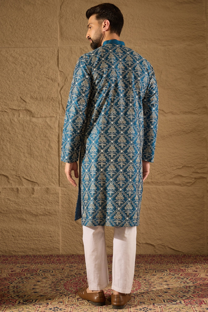 Blue Silk Floral Printed Straight Kurta HOPMKU1273