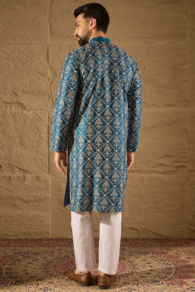 Blue Silk Printed Straight Kurta MKU1273