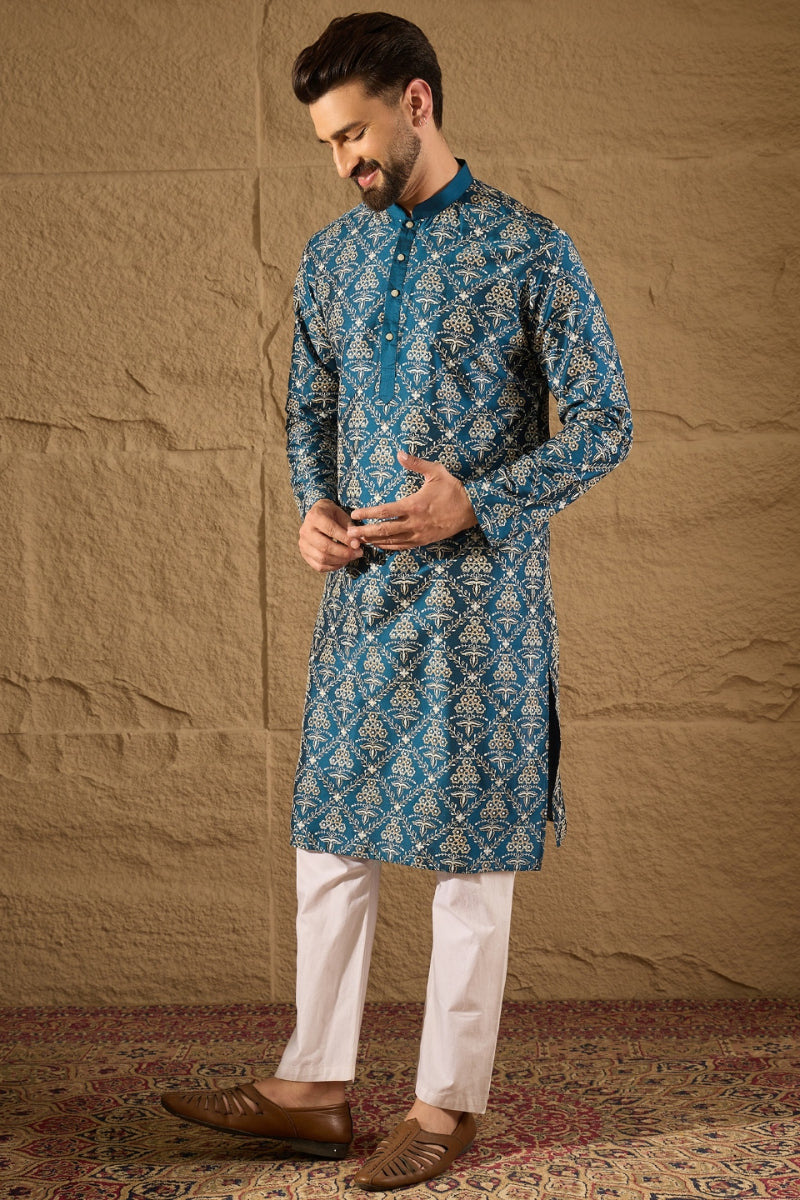 Blue Silk Floral Printed Straight Kurta HOPMKU1273