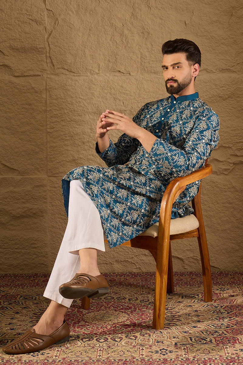 Blue Silk Printed Straight Kurta MKU1273