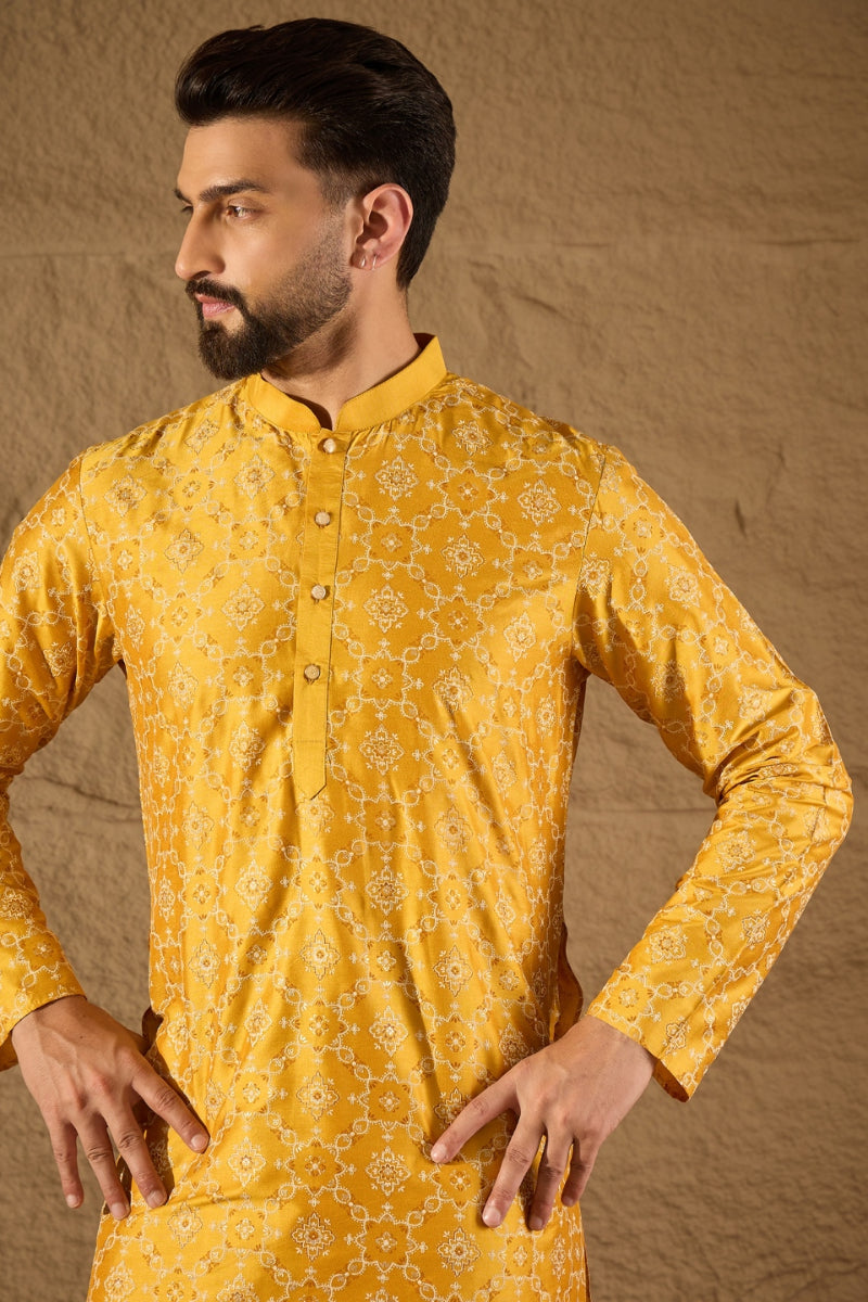 Yellow Silk Floral Indian Wear for Men | DesiQlo India
