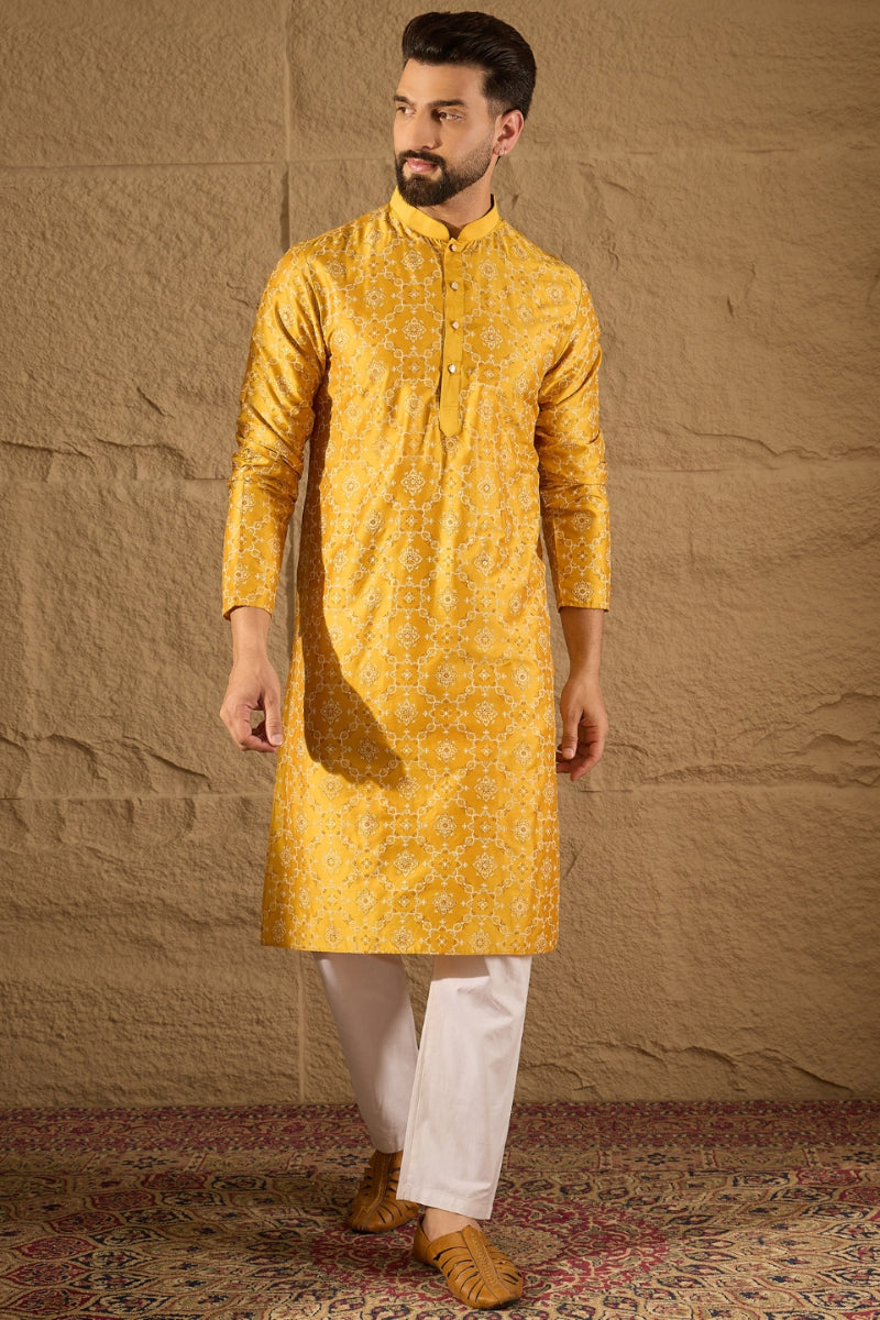 Yellow Silk Floral Printed Straight Kurta HOPMKU1276