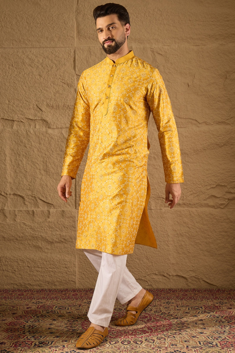 Yellow Silk Floral Indian Wear for Men | DesiQlo India