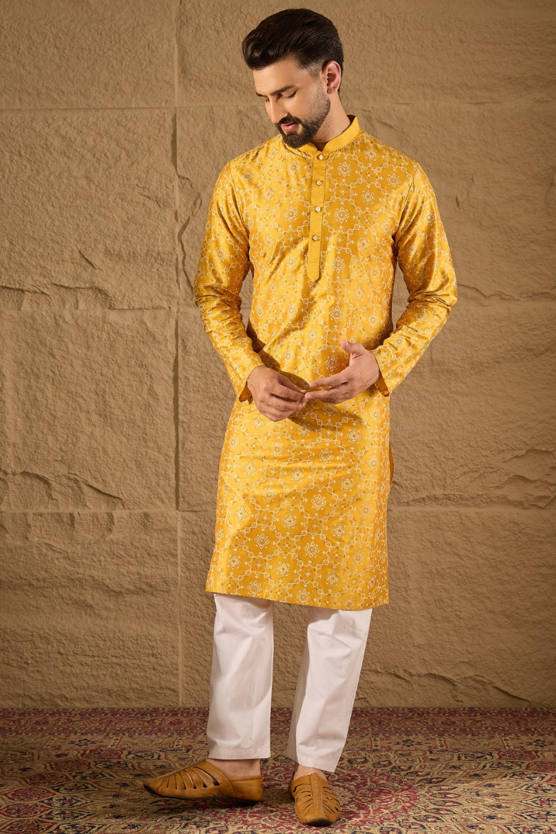 Yellow Silk Floral Indian Wear for Men | DesiQlo India