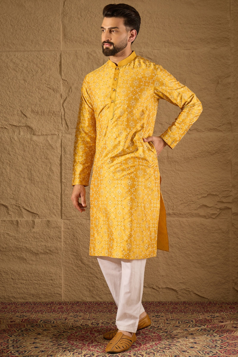 Yellow Silk Floral Printed Straight Kurta HOPMKU1276