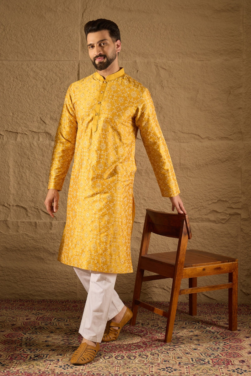 Yellow Silk Floral Indian Wear for Men | DesiQlo India