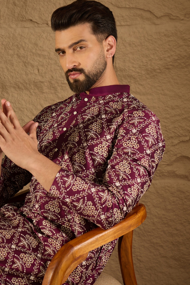 Purple Silk Printed Straight Kurta MKU1279