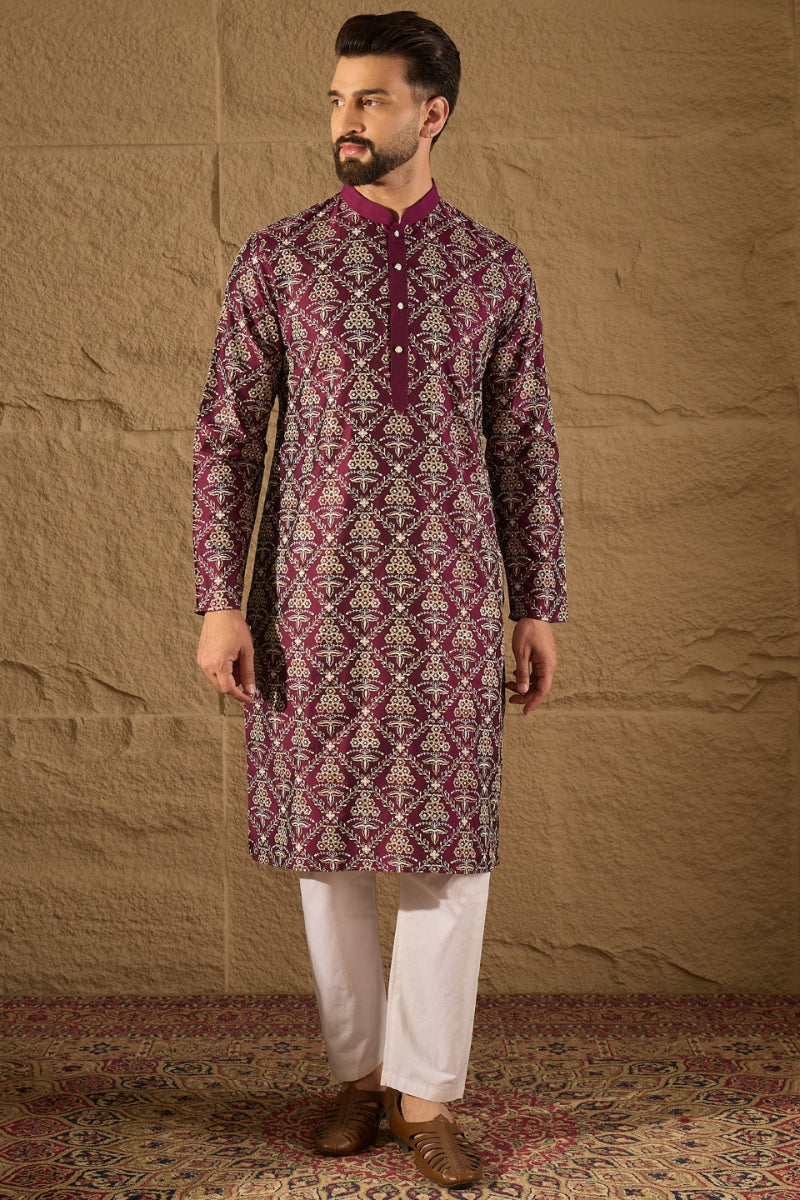 Purple Silk Printed Straight Kurta MKU1279