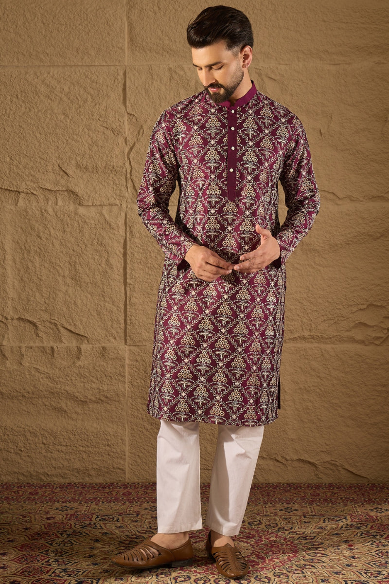 Purple Silk Printed Straight Kurta MKU1279