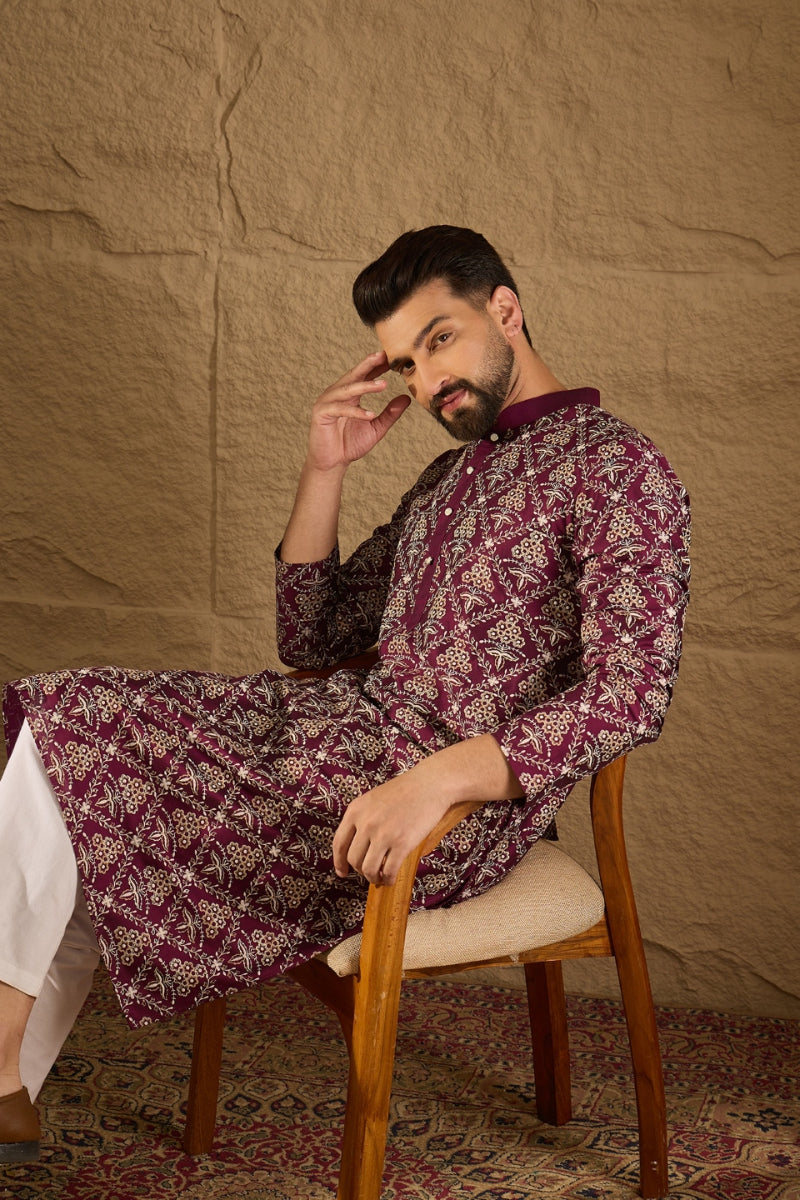 Purple Silk Printed Straight Kurta MKU1279