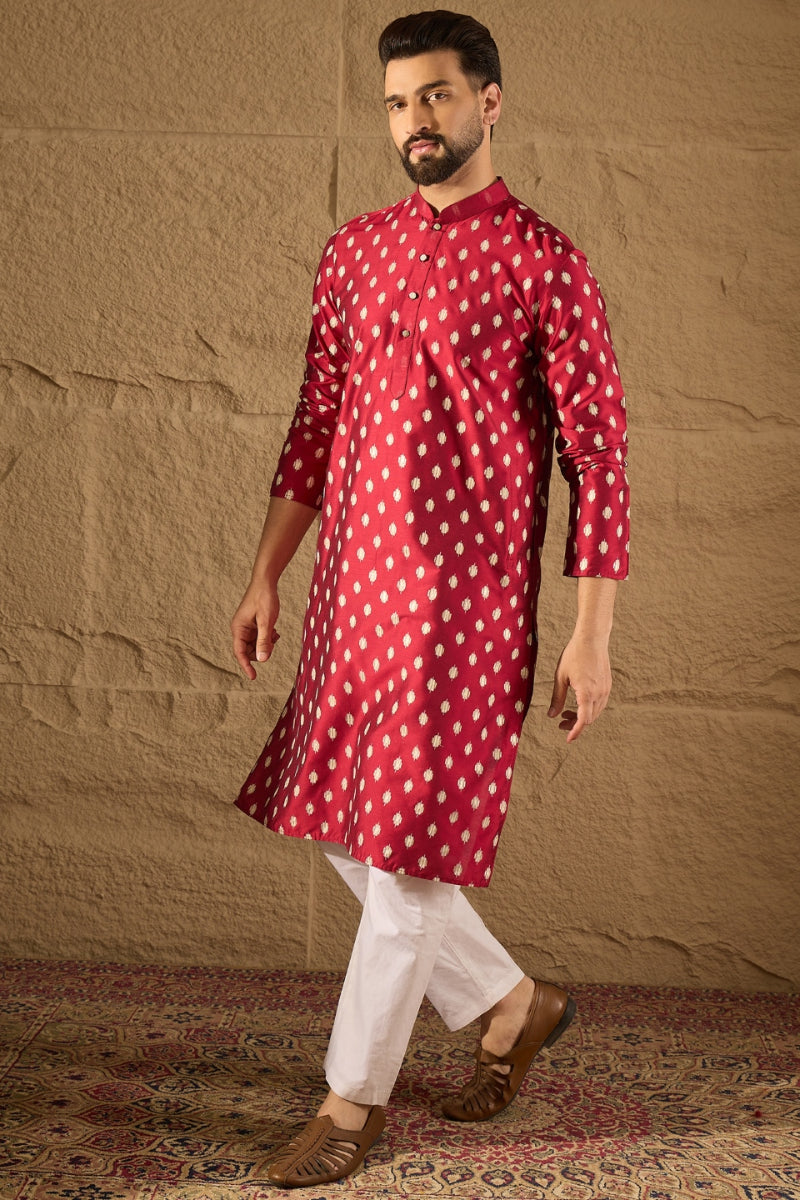 Maroon Silk Ikat Printed Straight Kurta HOPMKU1281