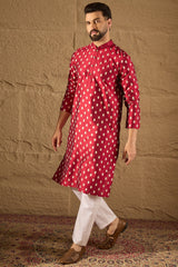 Maroon Silk Ikat Printed Straight Kurta HOPMKU1281