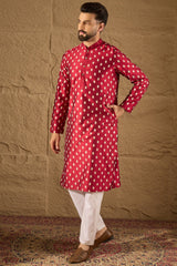 Maroon Silk Ikat Printed Straight Kurta HOPMKU1281