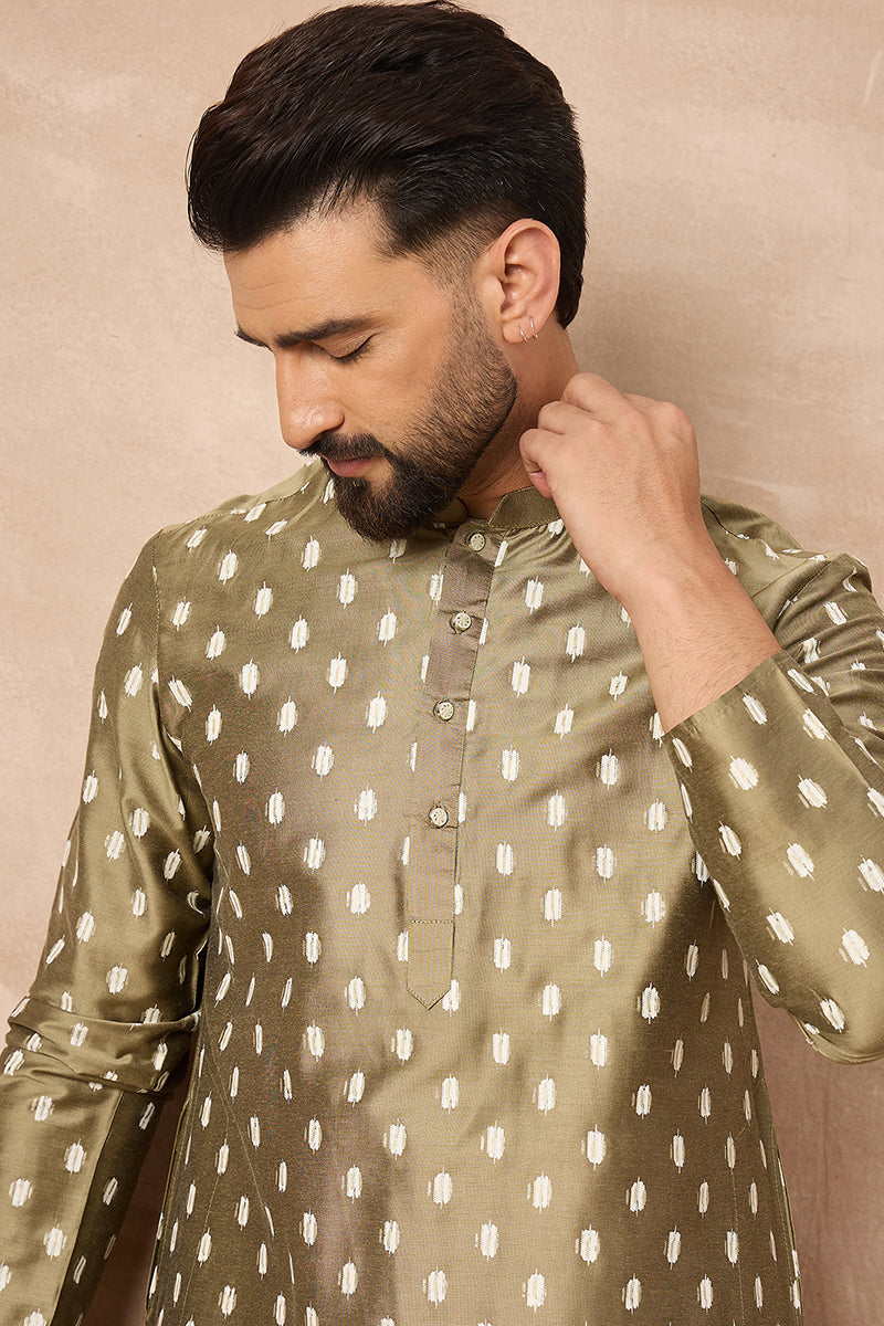 Olive Silk Ikat Printed Straight Kurta MKU1284