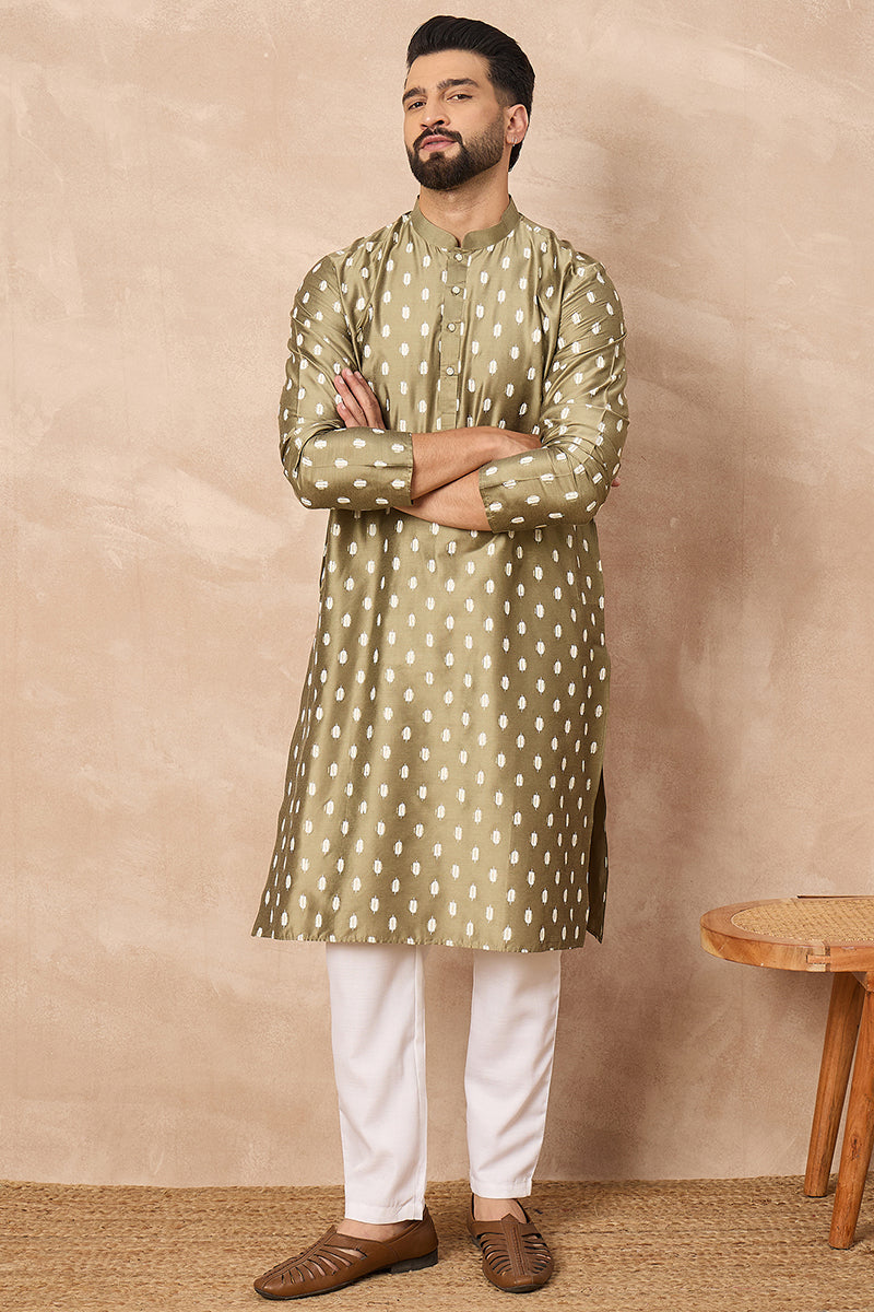 Olive Silk Ikat Printed Straight Kurta MKU1284