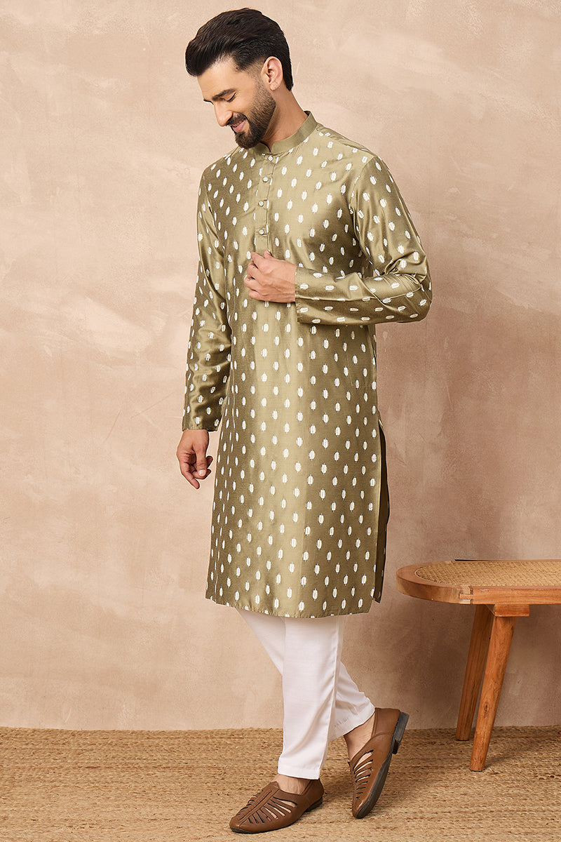Olive Silk Ikat Printed Straight Kurta HOPMKU1284