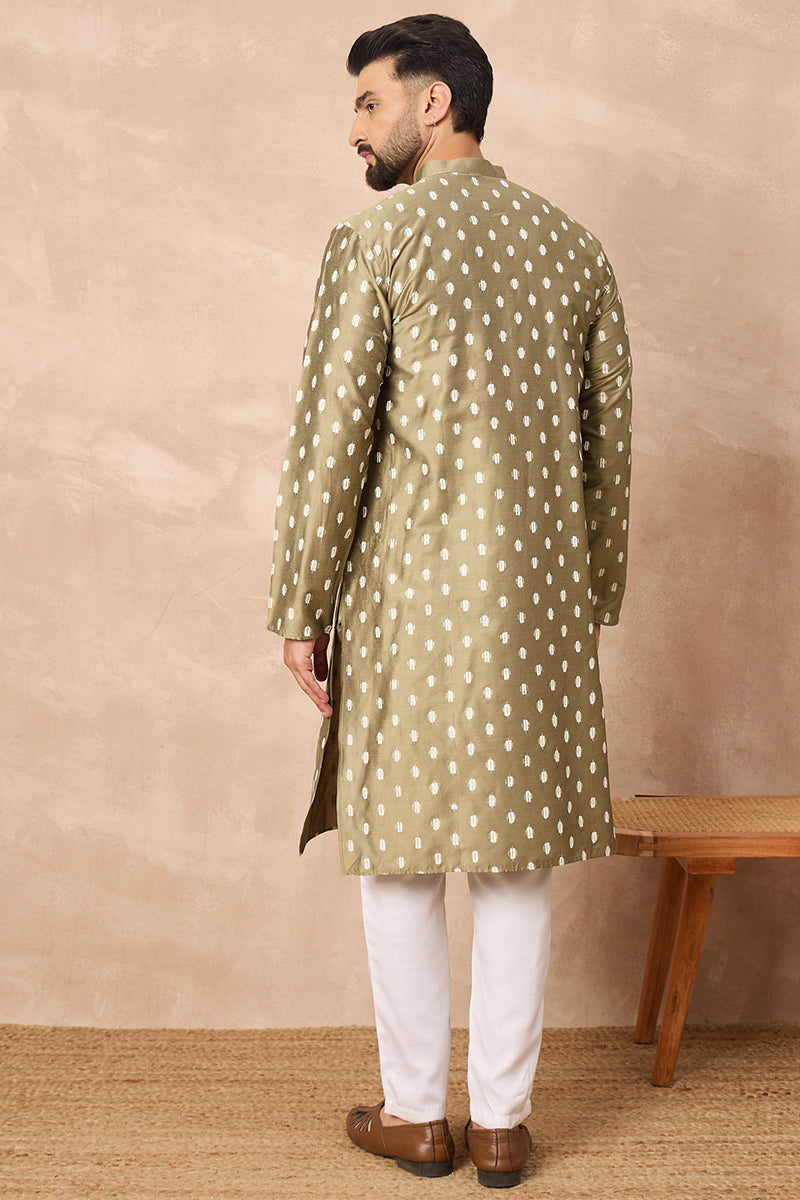 Olive Silk Ikat Printed Straight Kurta MKU1284