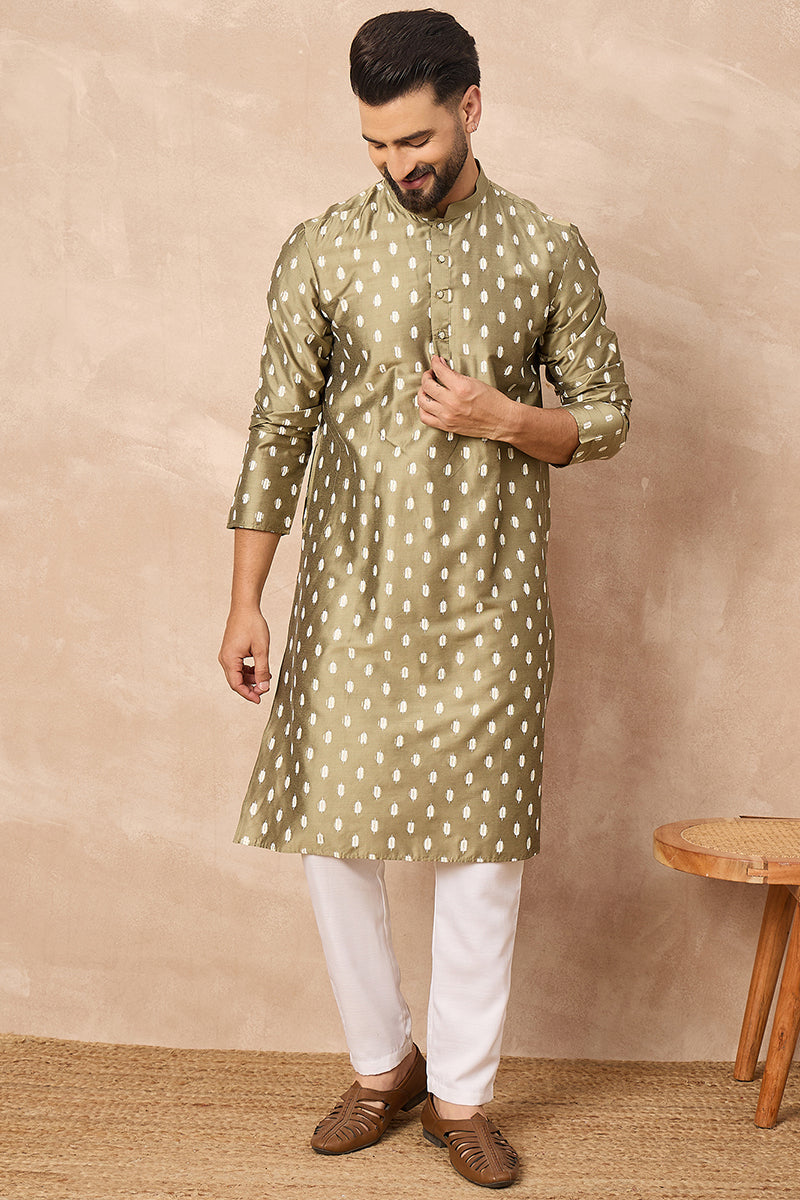 Olive Silk Ikat Printed Straight Kurta HOPMKU1284