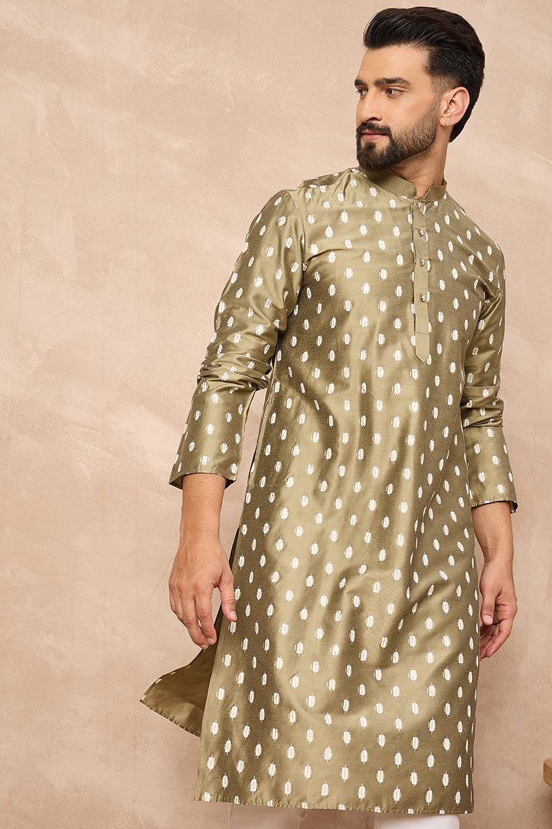Olive Silk Ikat Printed Straight Kurta MKU1284