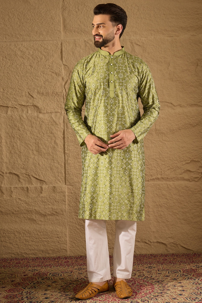 Green Silk Floral Printed Straight Kurta HOPMKU1285