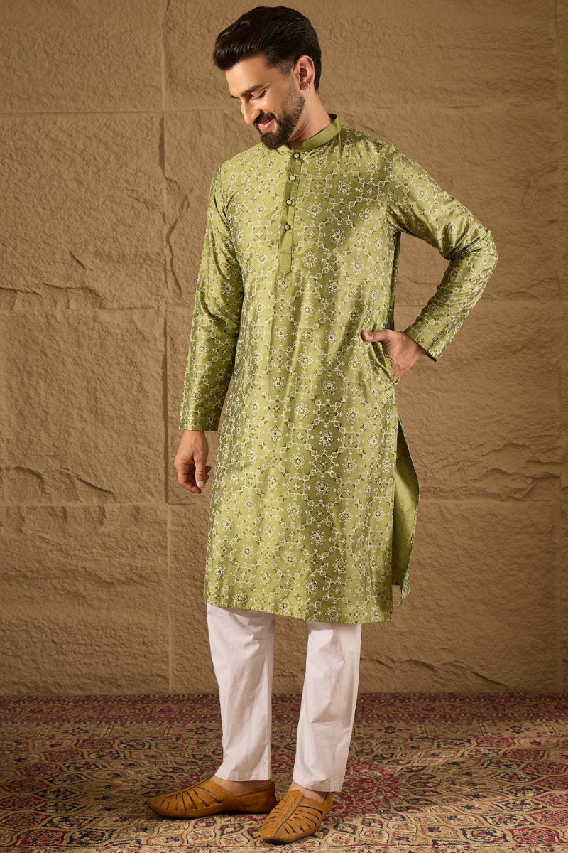 Green Silk Floral Printed Straight Kurta HOPMKU1285