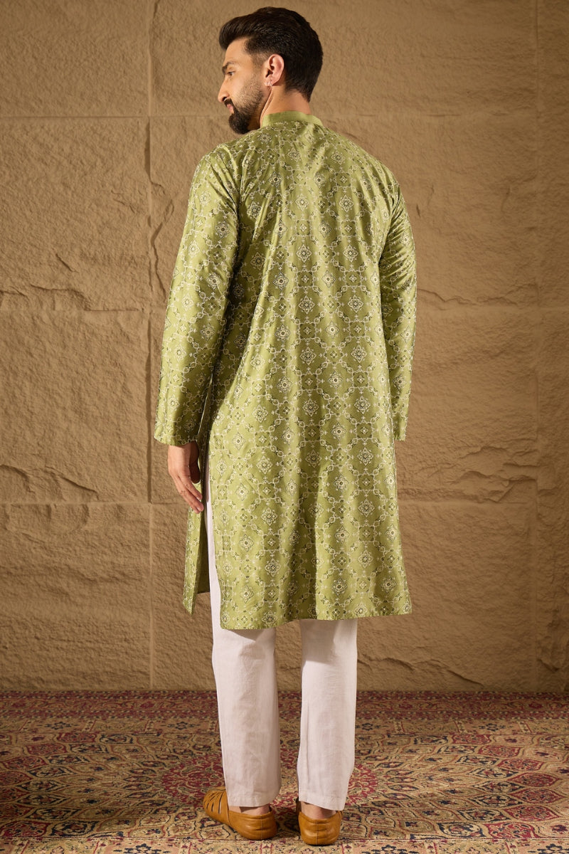 Green Silk Floral Printed Straight Kurta HOPMKU1285