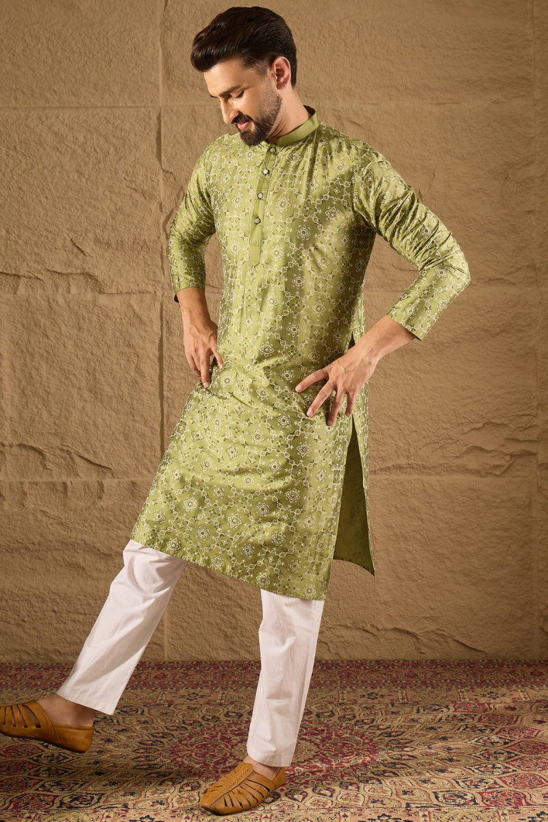 Green Silk Floral Printed Straight Kurta HOPMKU1285