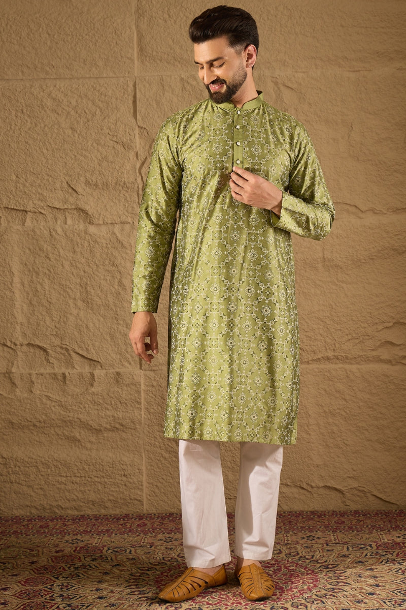 Green Silk Floral Printed Straight Kurta HOPMKU1285