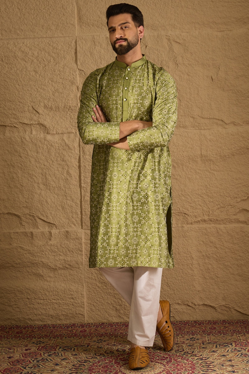 Green Silk Floral Printed Straight Kurta HOPMKU1285