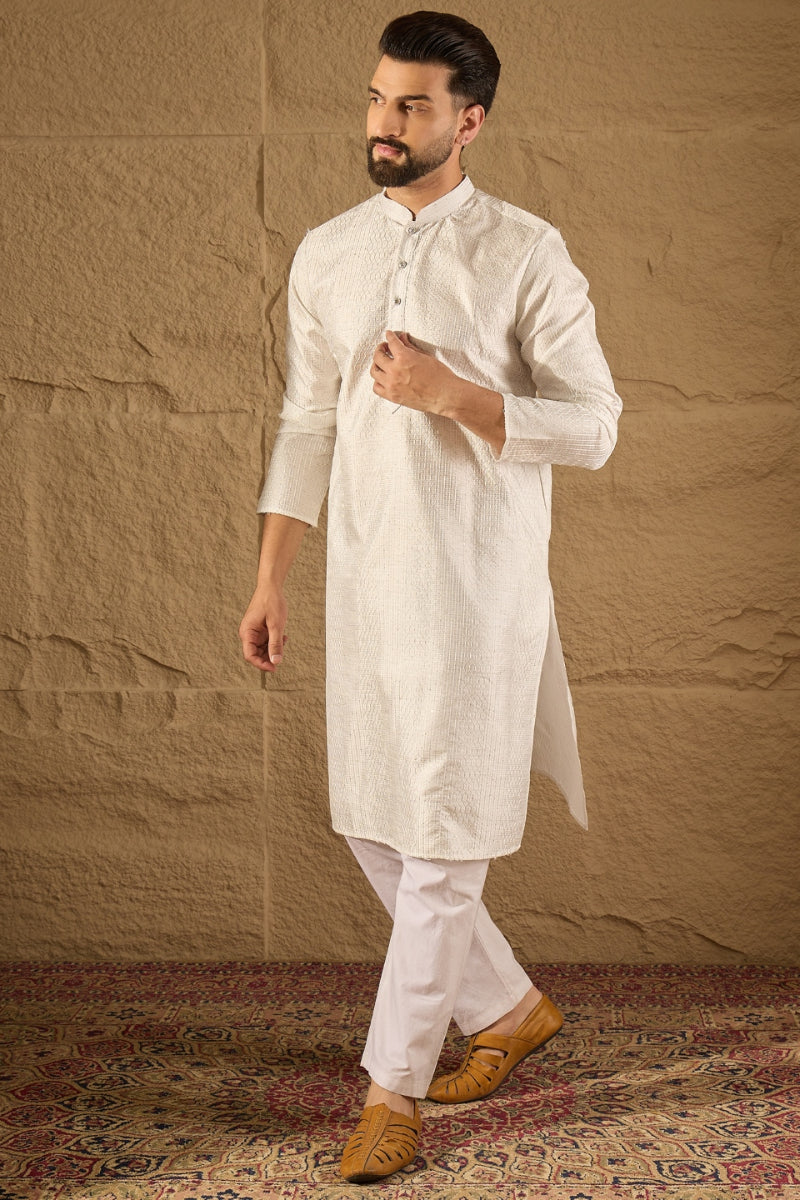 White Viscose Rayon Embroidered Mandarin Collar Straight Kurta MKU1286