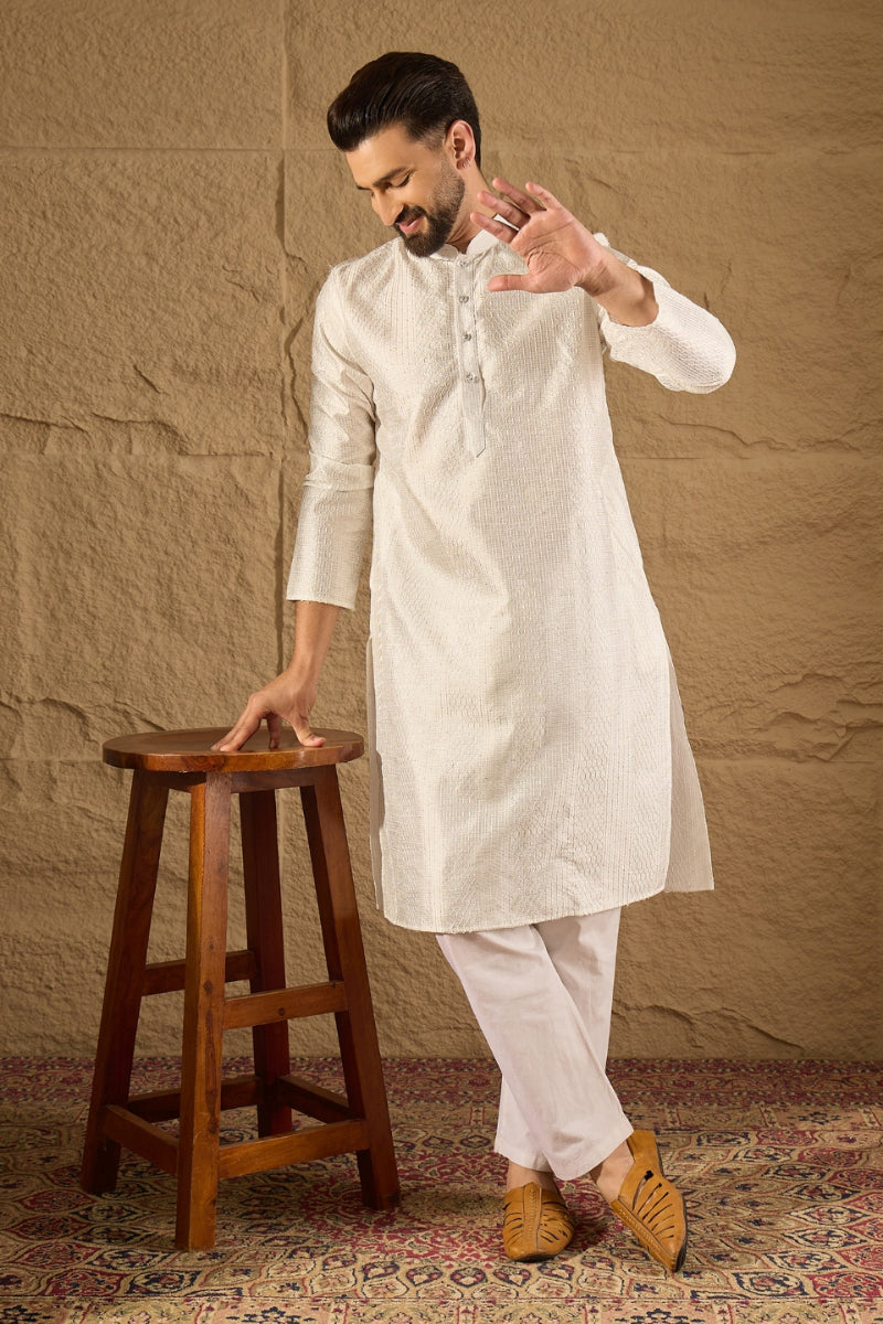 White Viscose Rayon Embroidered Mandarin Collar Straight Kurta MKU1286
